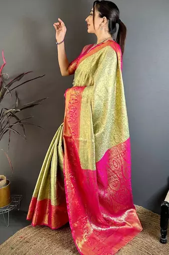 Lime woven design zari silk blend designer kanjeevaram saree