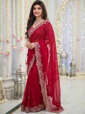 Red embellished zari satin saree 1
