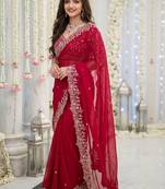 Red embellished zari satin saree