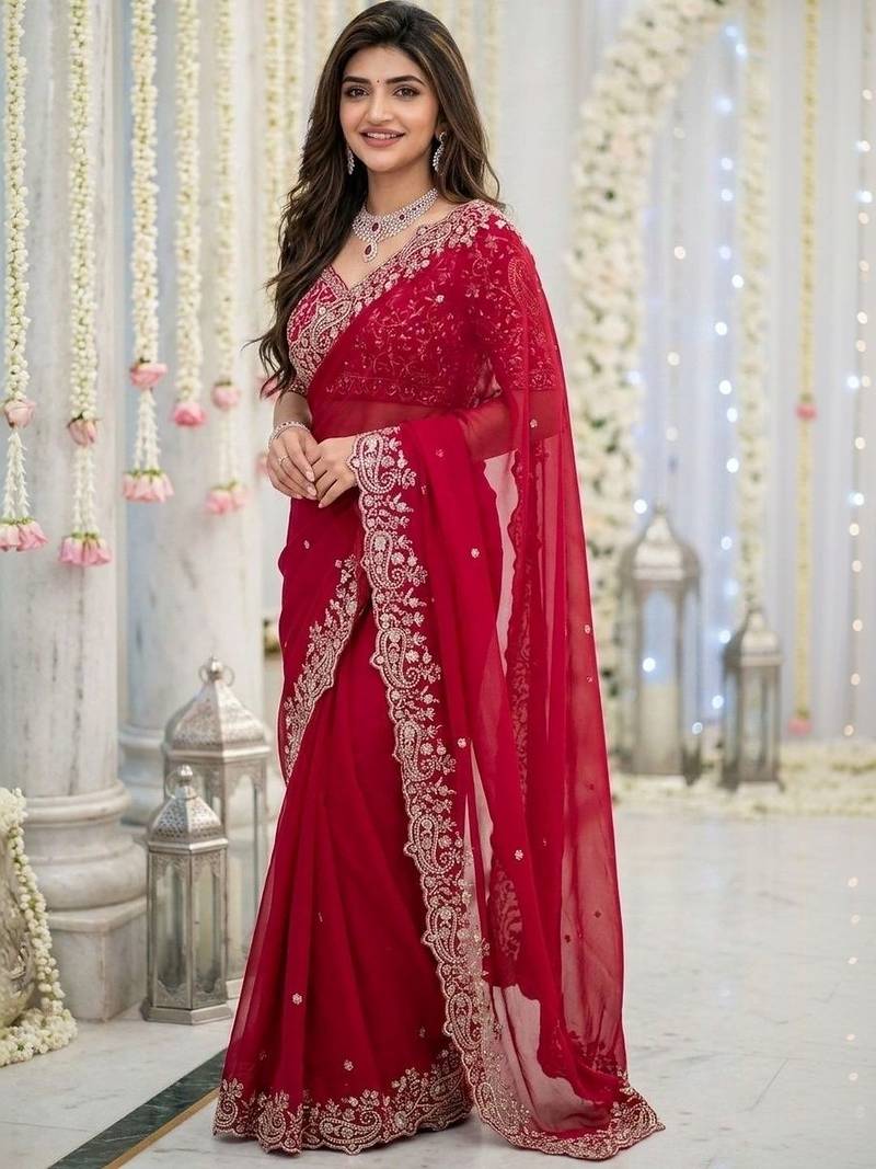 Red embellished zari satin saree