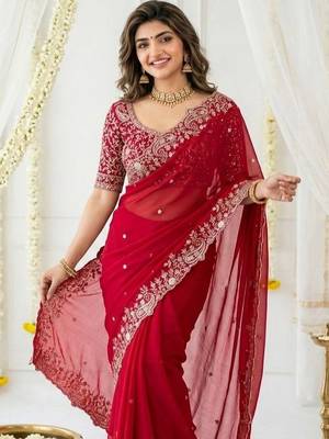 Red embellished zari satin saree 2