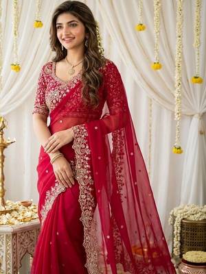 Red embellished zari satin saree 3