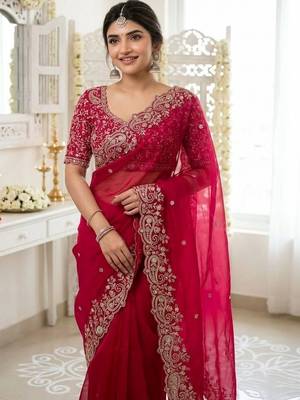 Red embellished zari satin saree 4