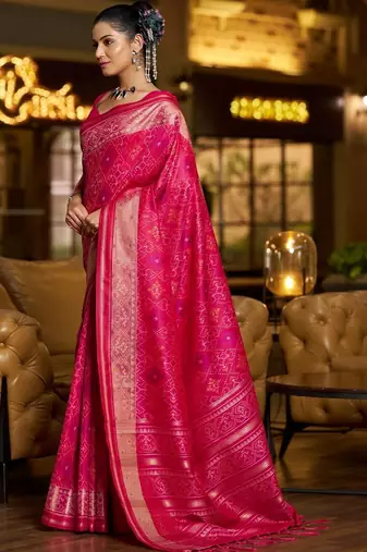 Pink woven design zari silk blend designer patola saree