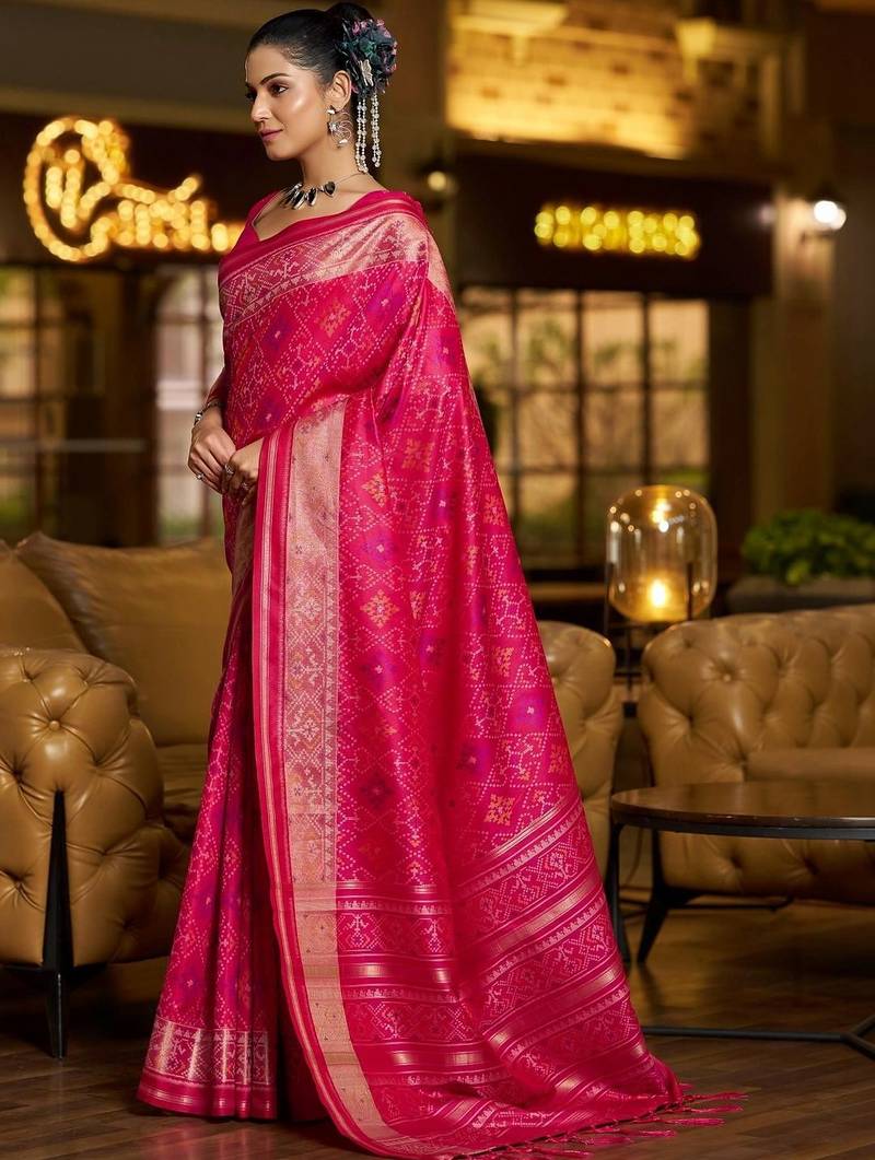 Pink woven design zari silk blend designer patola saree
