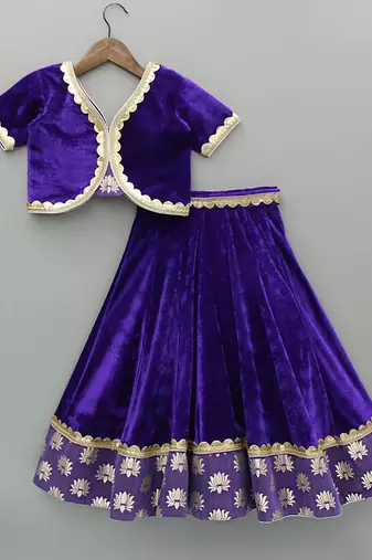 Purple Embroidered Velvet Lehenga Set