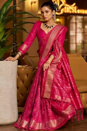 Pink woven design zari silk blend designer patola saree