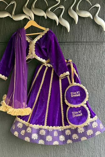 Purple Embroidered Velvet Lehenga Set