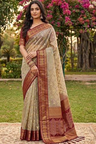 Beige ethnic motifs zari designer banarasi saree