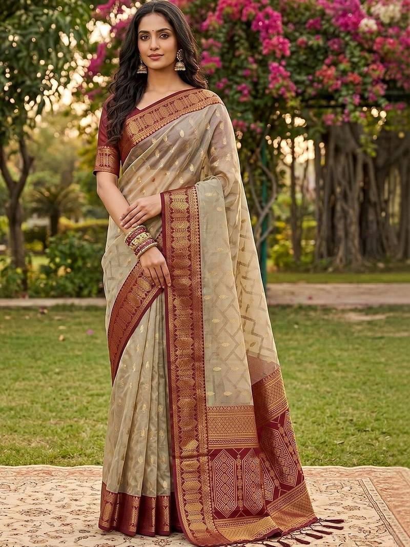 Beige ethnic motifs zari designer banarasi saree