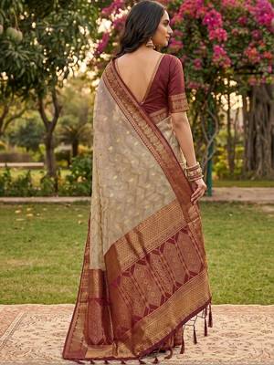 Beige ethnic motifs zari designer banarasi saree 3