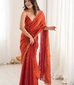 Orange embellished embroidered satin designer saree
