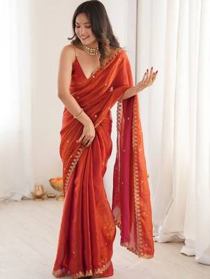 Orange embellished embroidered satin designer saree 3