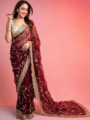 Maroon woven design embroidered fusion saree 1