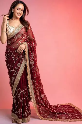 Maroon woven design embroidered fusion saree
