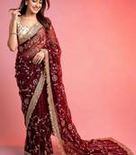 Maroon woven design embroidered fusion saree