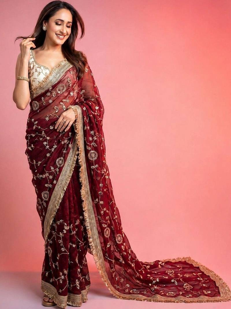 Maroon woven design embroidered fusion saree