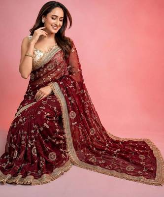 Maroon woven design embroidered fusion saree 2