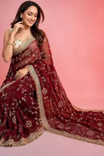 Maroon woven design embroidered fusion saree