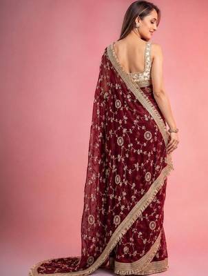Maroon woven design embroidered fusion saree 3
