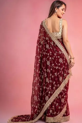 Maroon woven design embroidered fusion saree