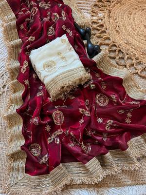 Maroon woven design embroidered fusion saree 4