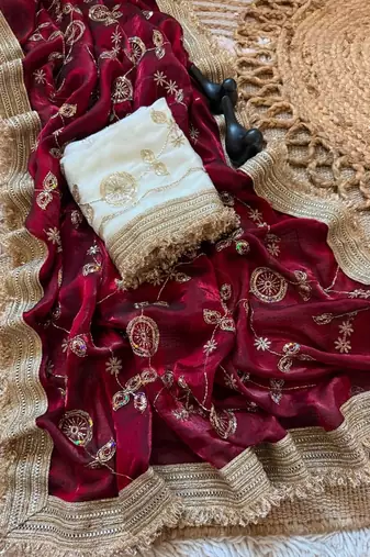 Maroon woven design embroidered fusion saree