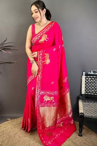 Pink woven design zari art silk banarasi saree