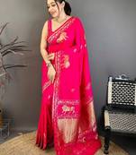 Pink woven design zari art silk banarasi saree