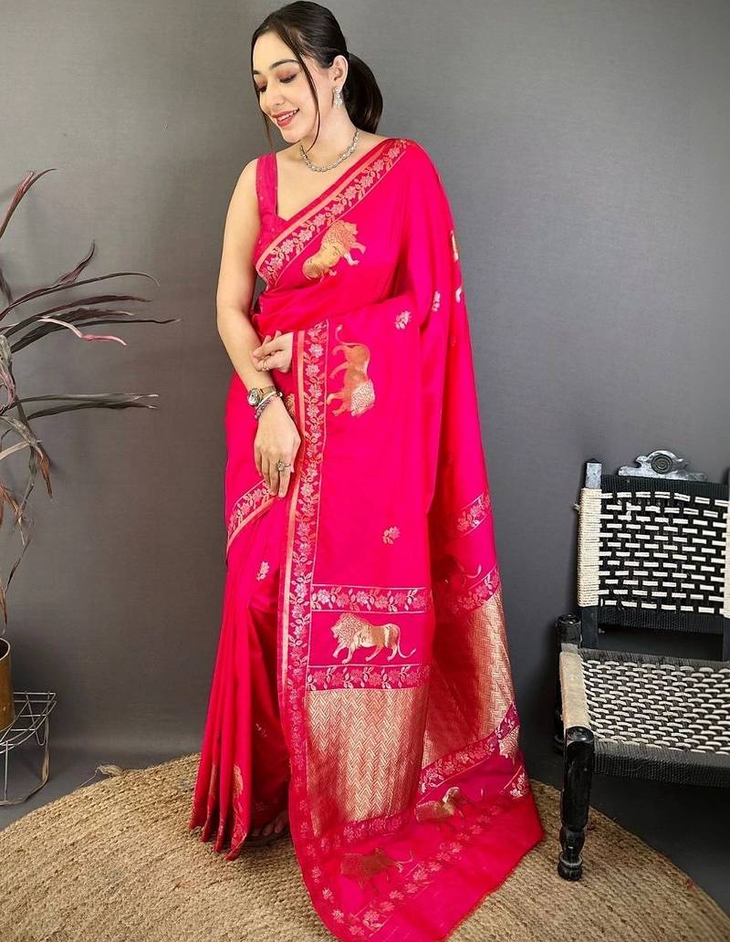 Pink woven design zari art silk banarasi saree