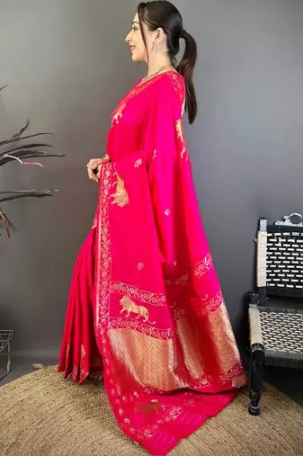 Pink woven design zari art silk banarasi saree