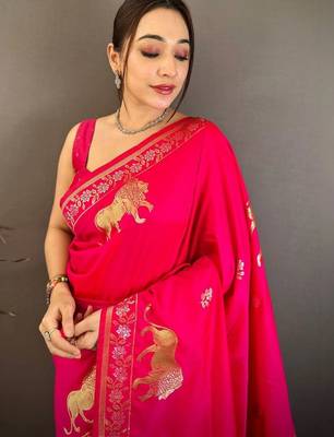 Pink woven design zari art silk banarasi saree 3