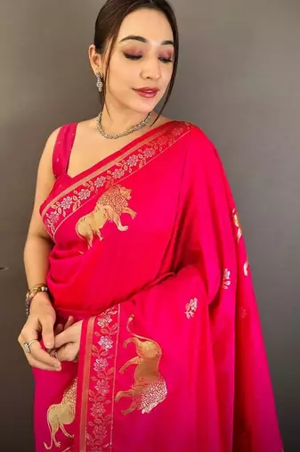 Pink woven design zari art silk banarasi saree