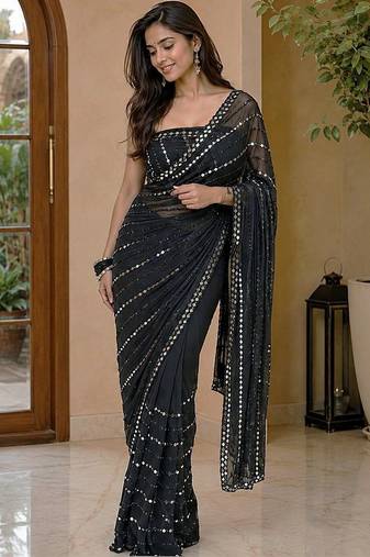 Black embellished mirror work poly georgette heavy work saree