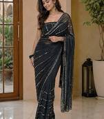 Black embellished mirror work poly georgette heavy work saree