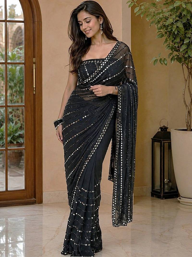 Black embellished mirror work poly georgette heavy work saree
