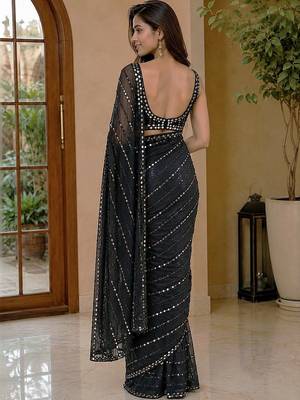 Black embellished mirror work poly georgette heavy work saree 2