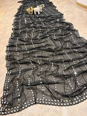 Black embellished mirror work poly georgette heavy work saree 4