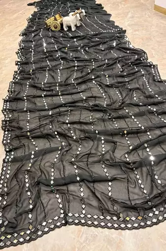 Black embellished mirror work poly georgette heavy work saree