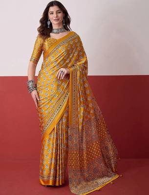 Mustard ajrak block mirror work satin designer saree 1