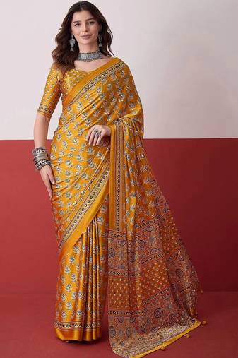 Mustard ajrak block mirror work satin designer saree