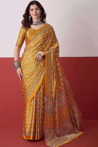 Mustard ajrak block mirror work satin designer saree