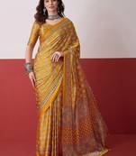 Mustard ajrak block mirror work satin designer saree