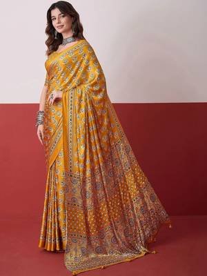 Mustard ajrak block mirror work satin designer saree 2