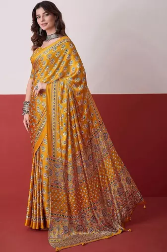 Mustard ajrak block mirror work satin designer saree