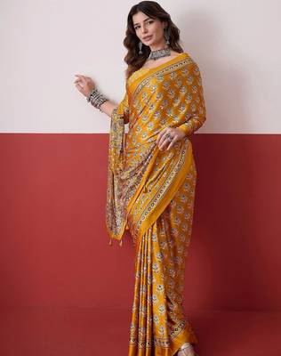 Mustard ajrak block mirror work satin designer saree 3
