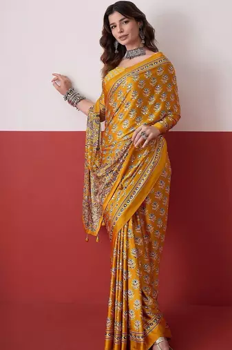 Mustard ajrak block mirror work satin designer saree
