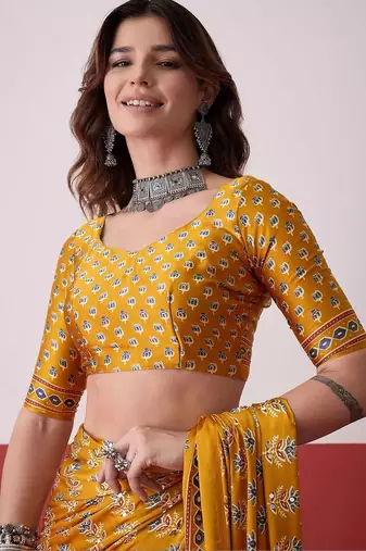 Mustard ajrak block mirror work satin designer saree