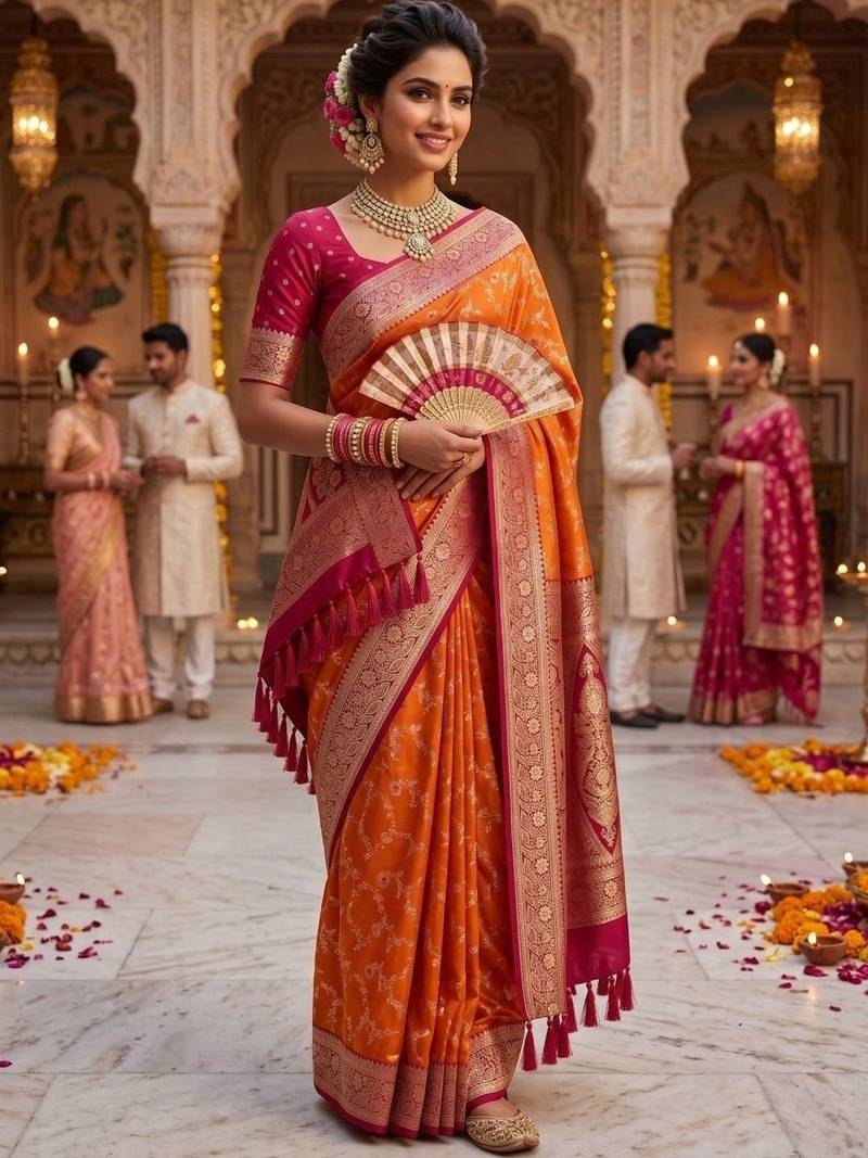 Orange embellished zari art silk banarasi saree