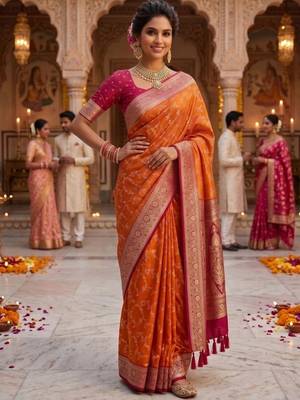 Orange embellished zari art silk banarasi saree 2